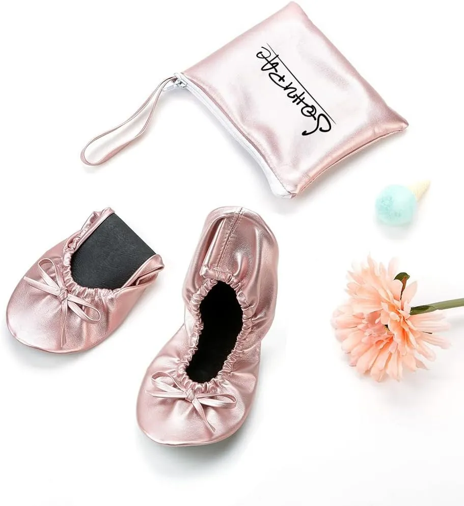 Women's Foldable Flats, Portable Ballet Flat Roll Up Slipper Shoes with Travel Pouch Bag for Ballerina Wedding