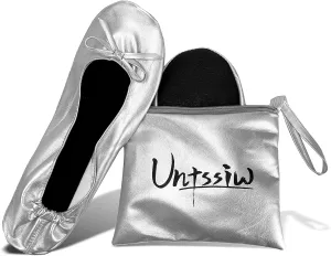 Women's Foldable Portable Ballet Flat Roll Up Slipper Shoes with Travel Pouch - Fold Up Ballet Flats for Women - Black,Silver,Gold,Pink