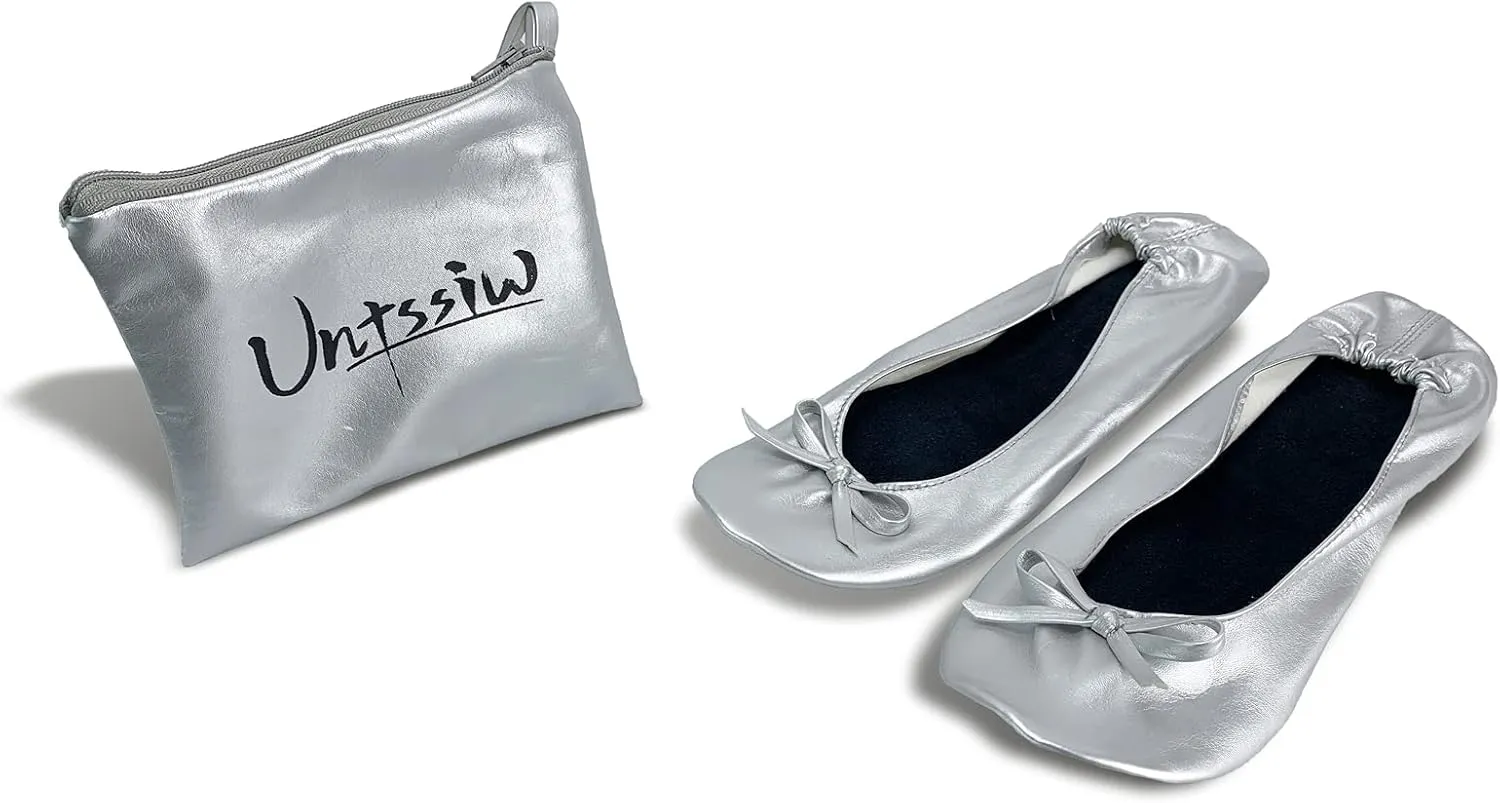 Women's Foldable Portable Ballet Flat Roll Up Slipper Shoes with Travel Pouch - Fold Up Ballet Flats for Women - Black,Silver,Gold,Pink