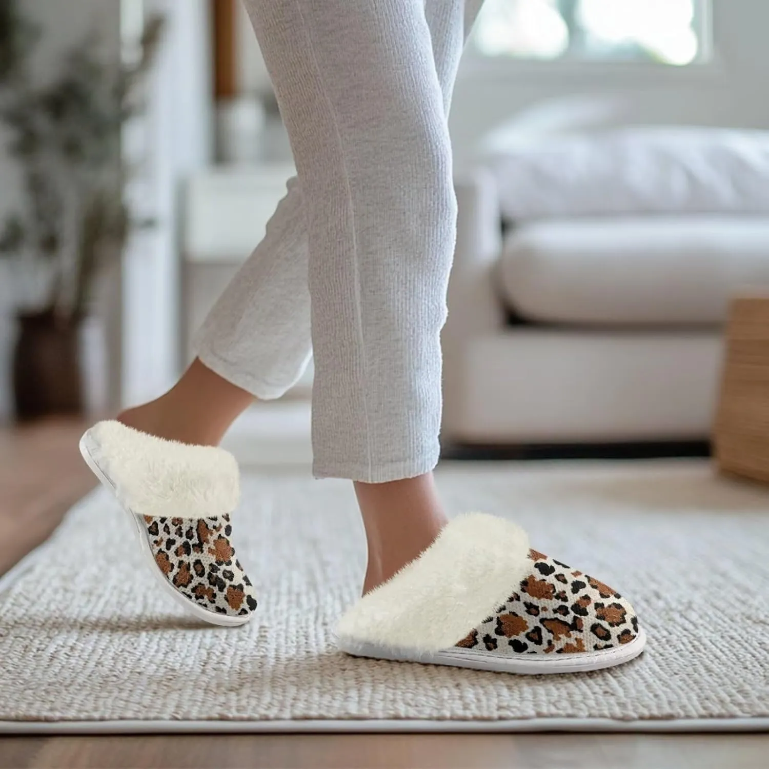 Women's Fuzzy Slippers Casual Slip On Soft Plush House Shoes with Non Skid Sole Comfortable Cotton Slipper Indoor Use for Spa Bath