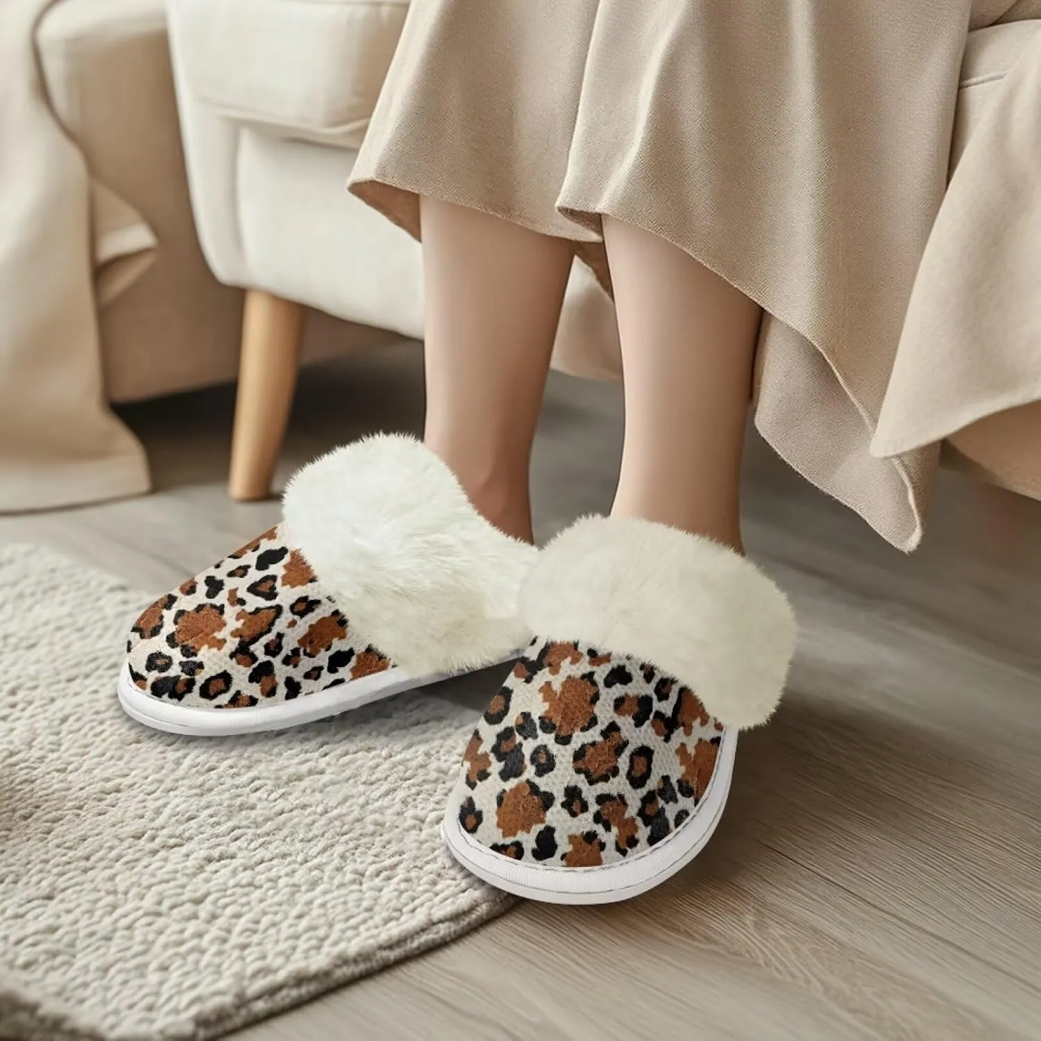 Women's Fuzzy Slippers Casual Slip On Soft Plush House Shoes with Non Skid Sole Comfortable Cotton Slipper Indoor Use for Spa Bath
