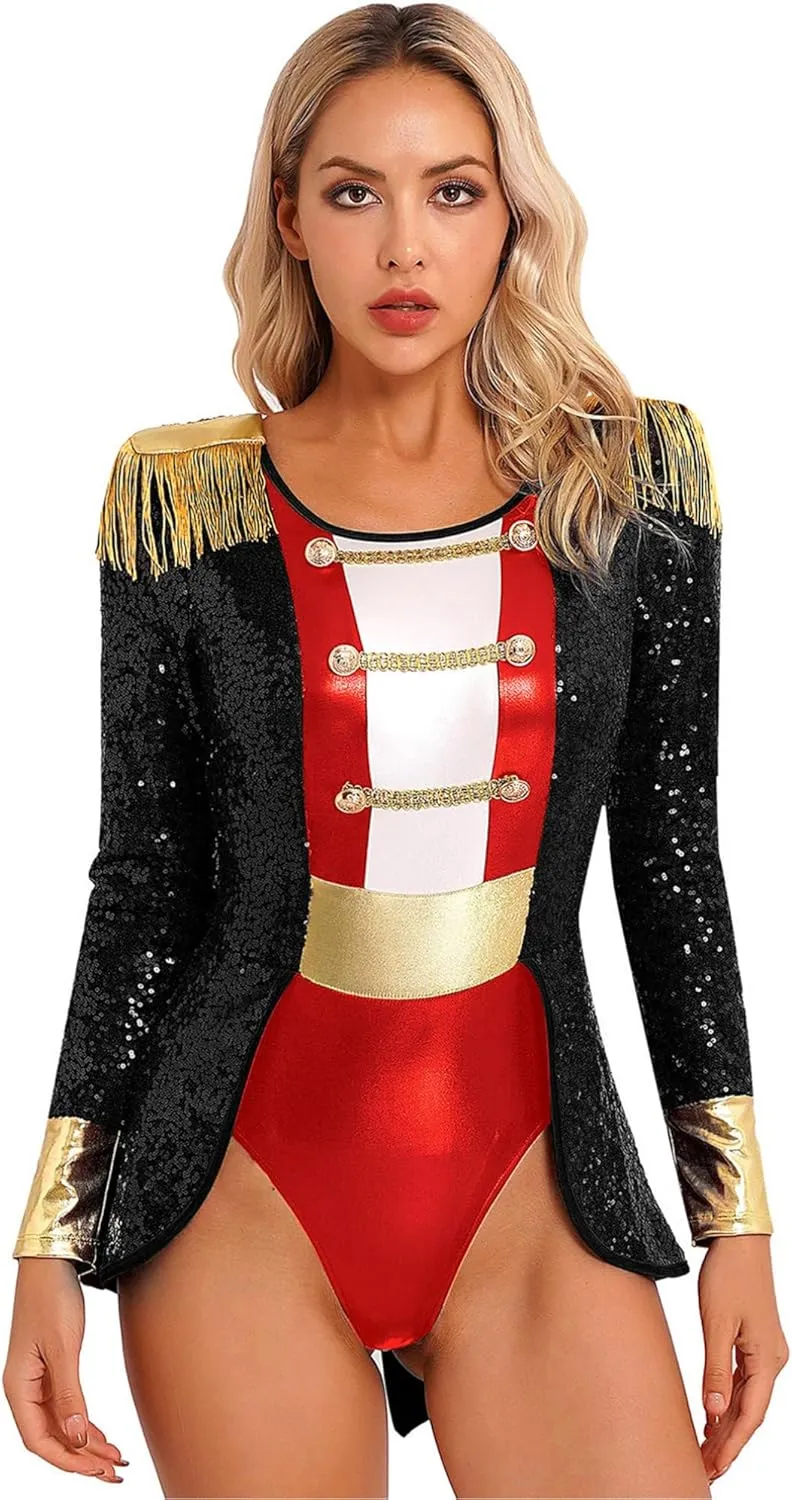 Women's Greatest Ringmaster Halloween Costumes Tailcoat Bodysuit Circus Lion Trainer Outfits