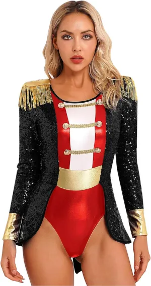 Women's Greatest Ringmaster Halloween Costumes Tailcoat Bodysuit Circus Lion Trainer Outfits