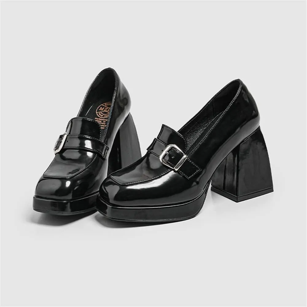 Women's High-Heeled Leather Loafers Slip On Loafer Pumps with Buckle