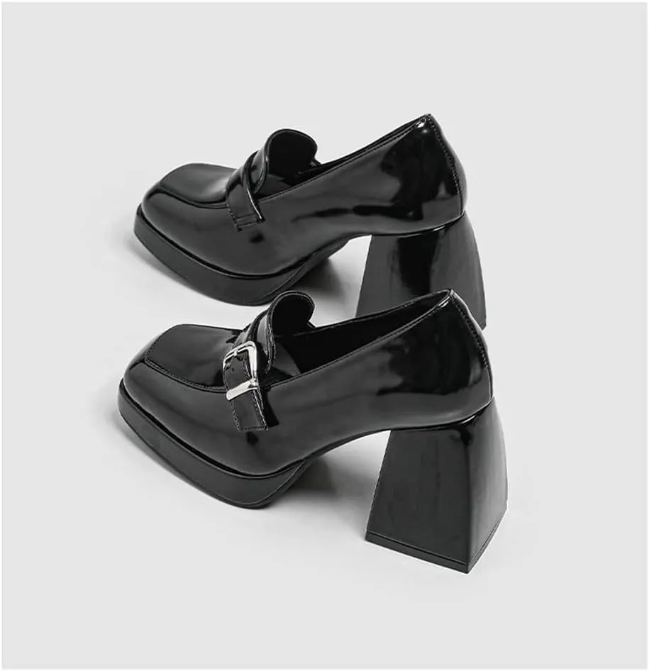Women's High-Heeled Leather Loafers Slip On Loafer Pumps with Buckle
