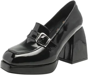 Women's High-Heeled Leather Loafers Slip On Loafer Pumps with Buckle