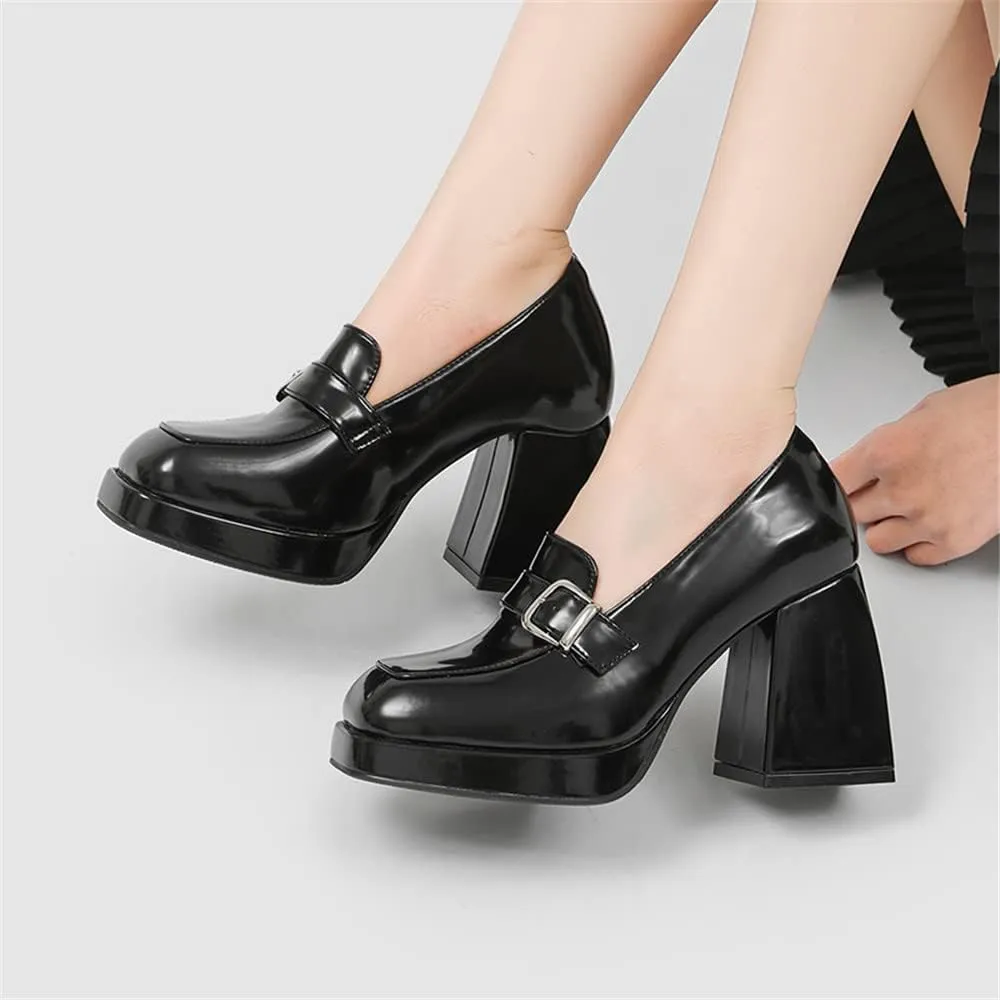 Women's High-Heeled Leather Loafers Slip On Loafer Pumps with Buckle