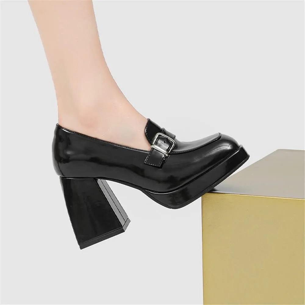 Women's High-Heeled Leather Loafers Slip On Loafer Pumps with Buckle