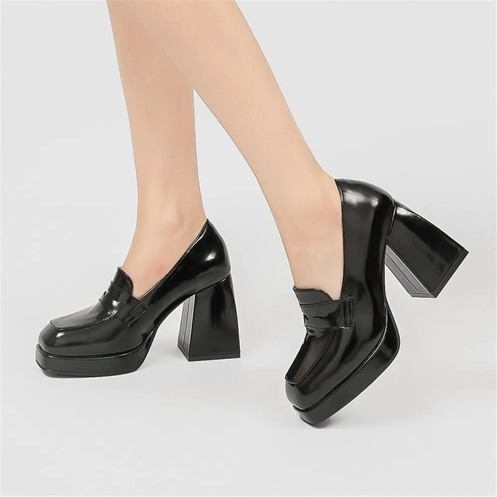 Women's High-Heeled Leather Loafers Slip On Loafer Pumps