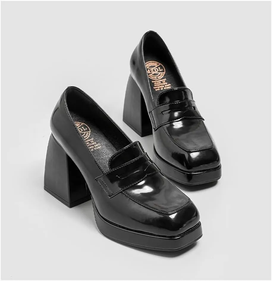 Women's High-Heeled Leather Loafers Slip On Loafer Pumps