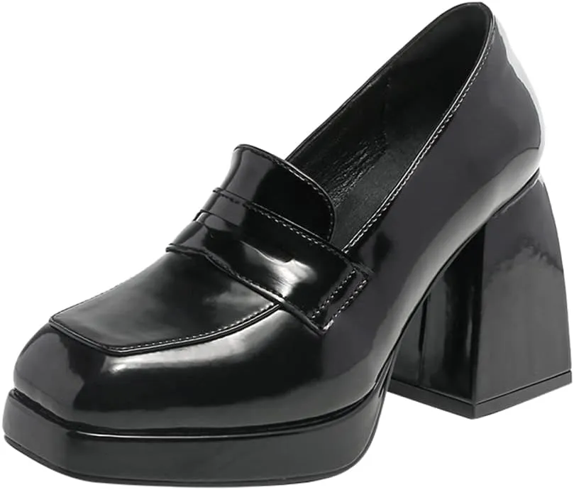 Women's High-Heeled Leather Loafers Slip On Loafer Pumps
