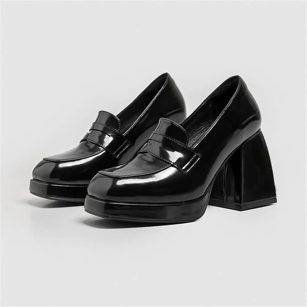 Women's High-Heeled Leather Loafers Slip On Loafer Pumps