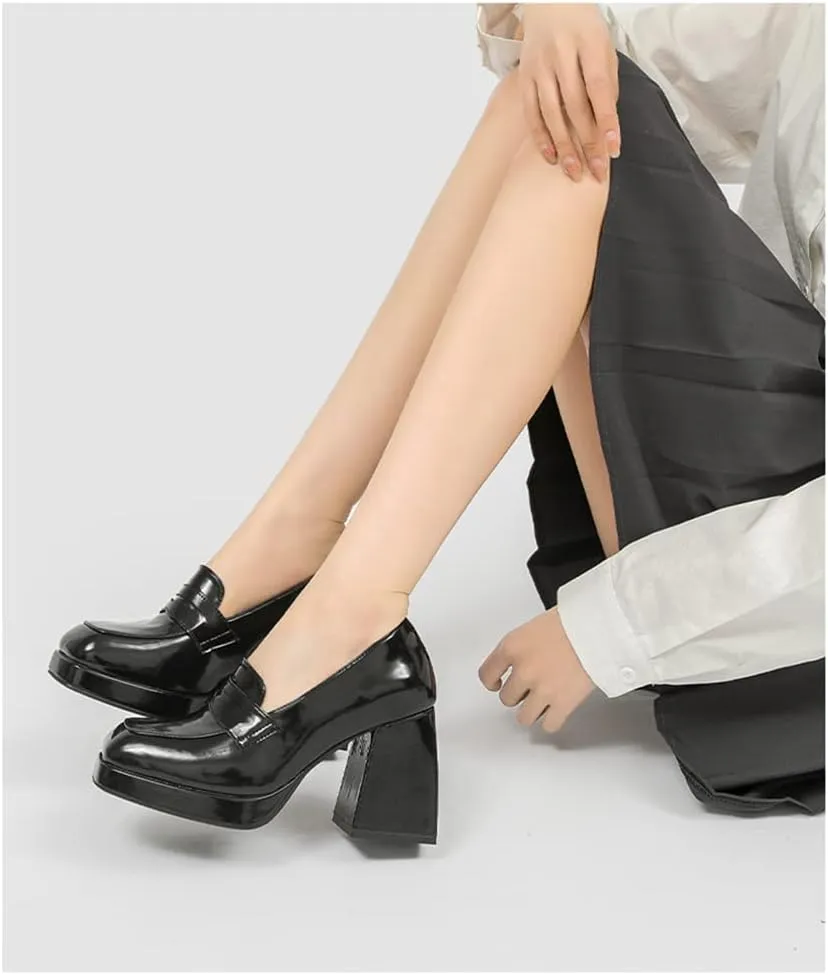 Women's High-Heeled Leather Loafers Slip On Loafer Pumps