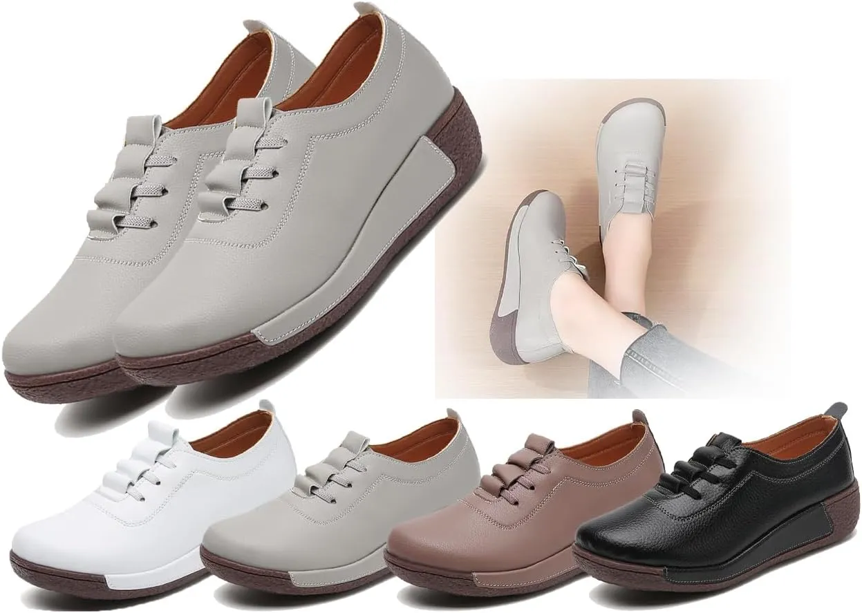 Women's Leather Lace up Slip On Platform Loafers,Comfortable Arch Support Round Toe Wedge Non-Slip Increase Wide Low Top Casual Platform Shoes