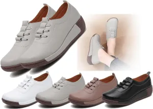 Women's Leather Lace up Slip On Platform Loafers,Comfortable Arch Support Round Toe Wedge Non-Slip Increase Wide Low Top Casual Platform Shoes