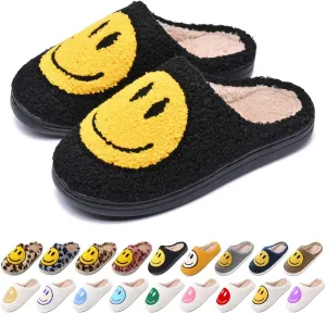Women's Men's Retro Preppy Happy Face Slippers Comfy Warm Plush Slip-On House Slipper for Winter Indoor Soft Cushion Non-slip Fluffy Slides Slippers