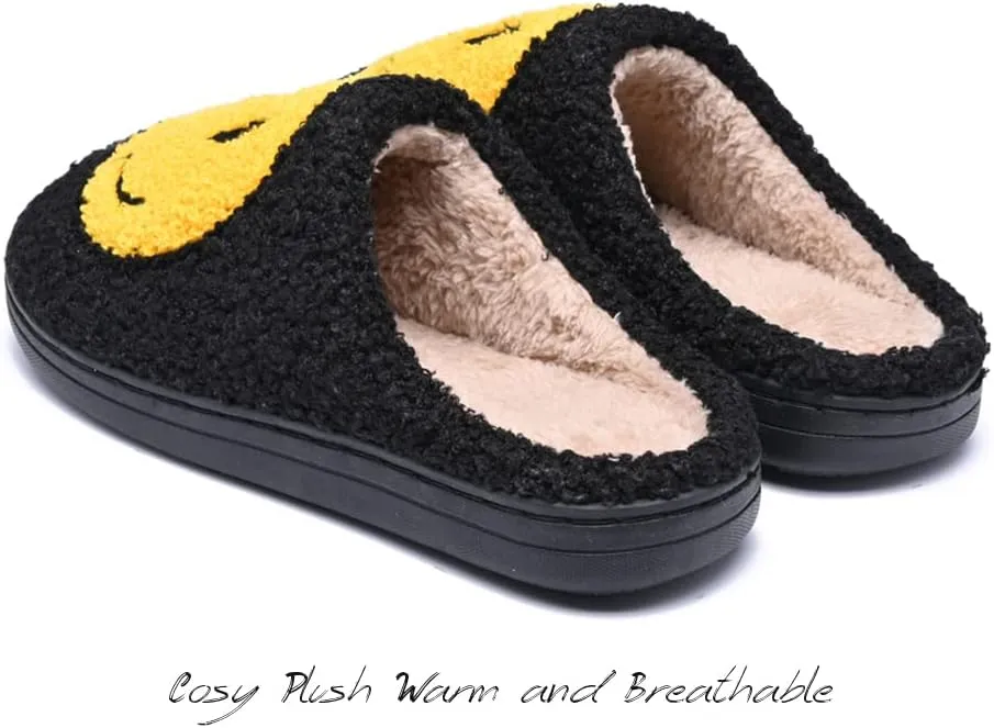Women's Men's Retro Preppy Happy Face Slippers Comfy Warm Plush Slip-On House Slipper for Winter Indoor Soft Cushion Non-slip Fluffy Slides Slippers