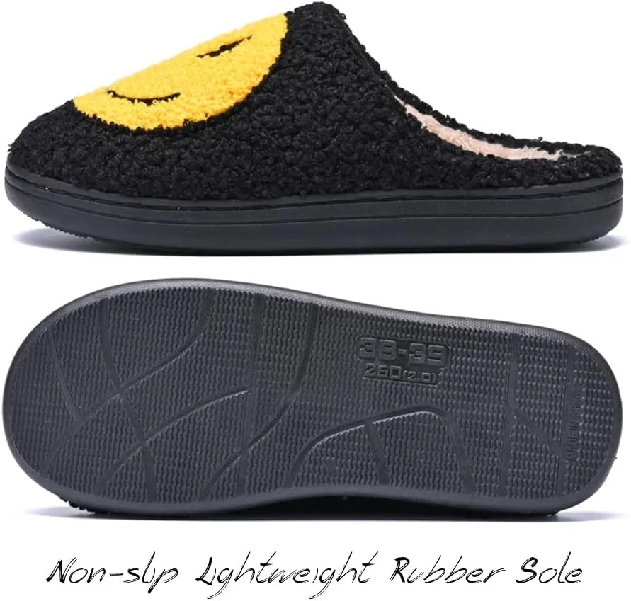 Women's Men's Retro Preppy Happy Face Slippers Comfy Warm Plush Slip-On House Slipper for Winter Indoor Soft Cushion Non-slip Fluffy Slides Slippers