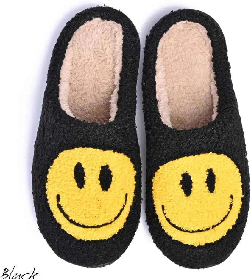 Women's Men's Retro Preppy Happy Face Slippers Comfy Warm Plush Slip-On House Slipper for Winter Indoor Soft Cushion Non-slip Fluffy Slides Slippers