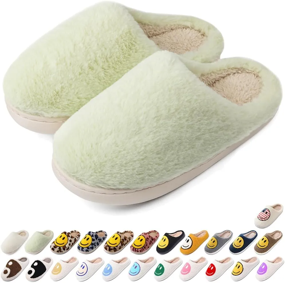 Women's Men's Retro Preppy Happy Face Slippers Comfy Warm Plush Slip-On House Slipper for Winter Indoor Soft Cushion Non-slip Fluffy Slides Slippers