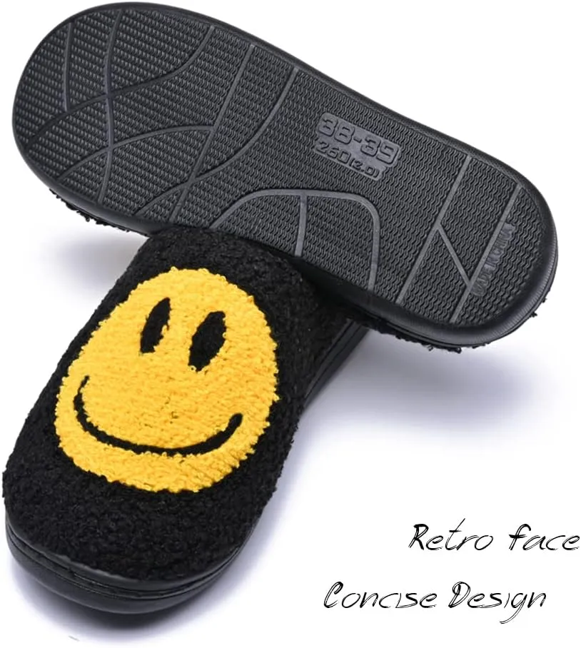 Women's Men's Retro Preppy Happy Face Slippers Comfy Warm Plush Slip-On House Slipper for Winter Indoor Soft Cushion Non-slip Fluffy Slides Slippers