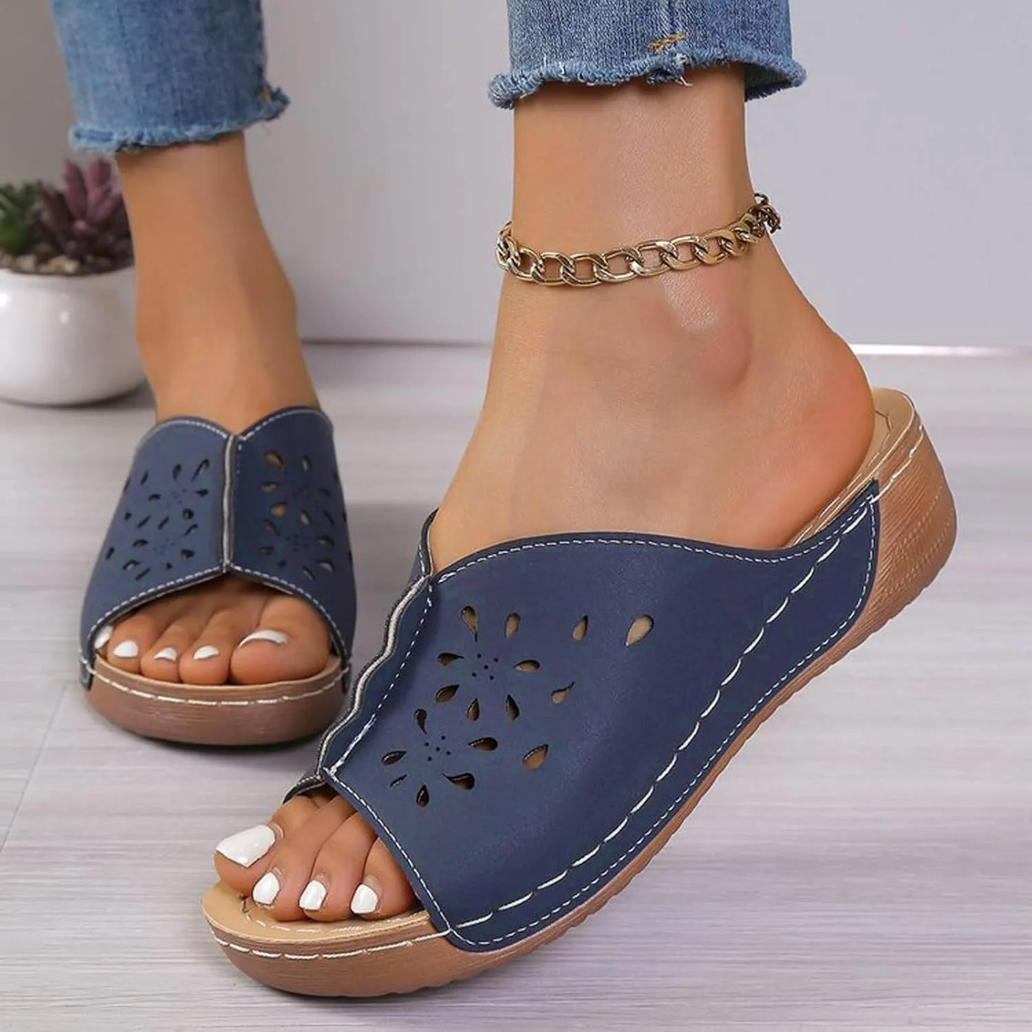 Womens Open Toe Hollow Out Wedge Sandals Dressy Damping Sole Stretch Lightweight Sandals Arch Support Platform Walking Sandal