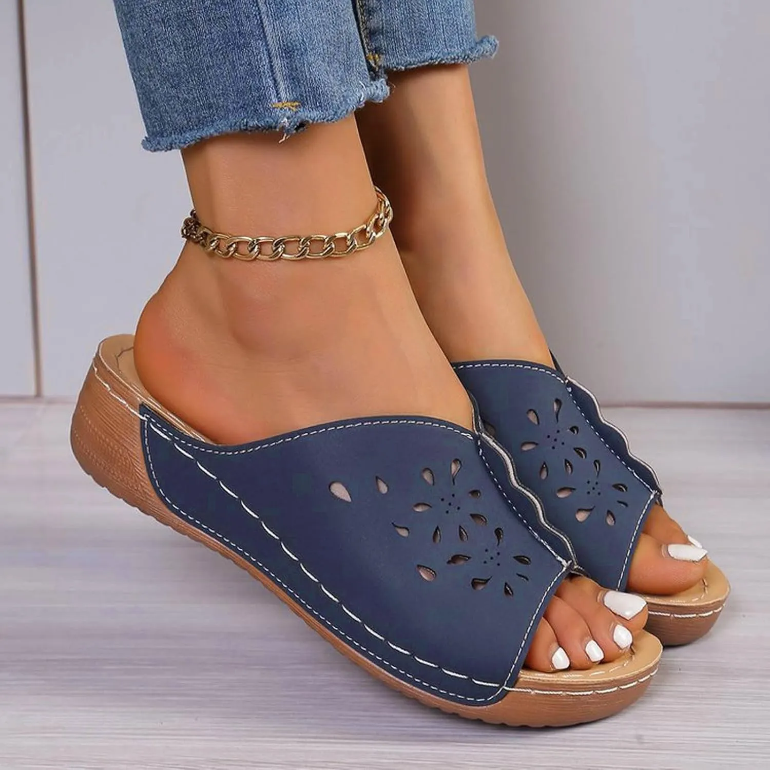 Womens Open Toe Hollow Out Wedge Sandals Dressy Damping Sole Stretch Lightweight Sandals Arch Support Platform Walking Sandal