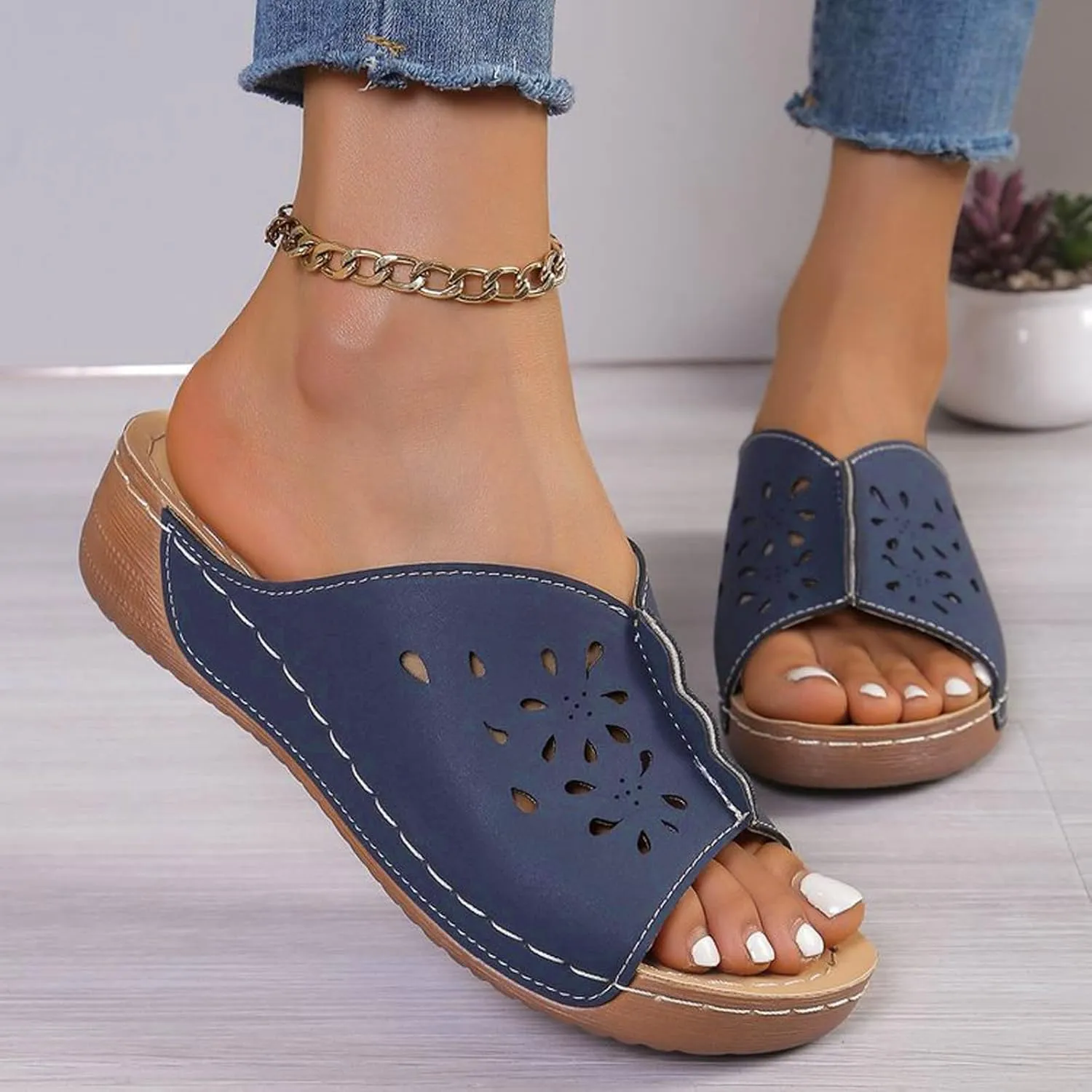 Womens Open Toe Hollow Out Wedge Sandals Dressy Damping Sole Stretch Lightweight Sandals Arch Support Platform Walking Sandal