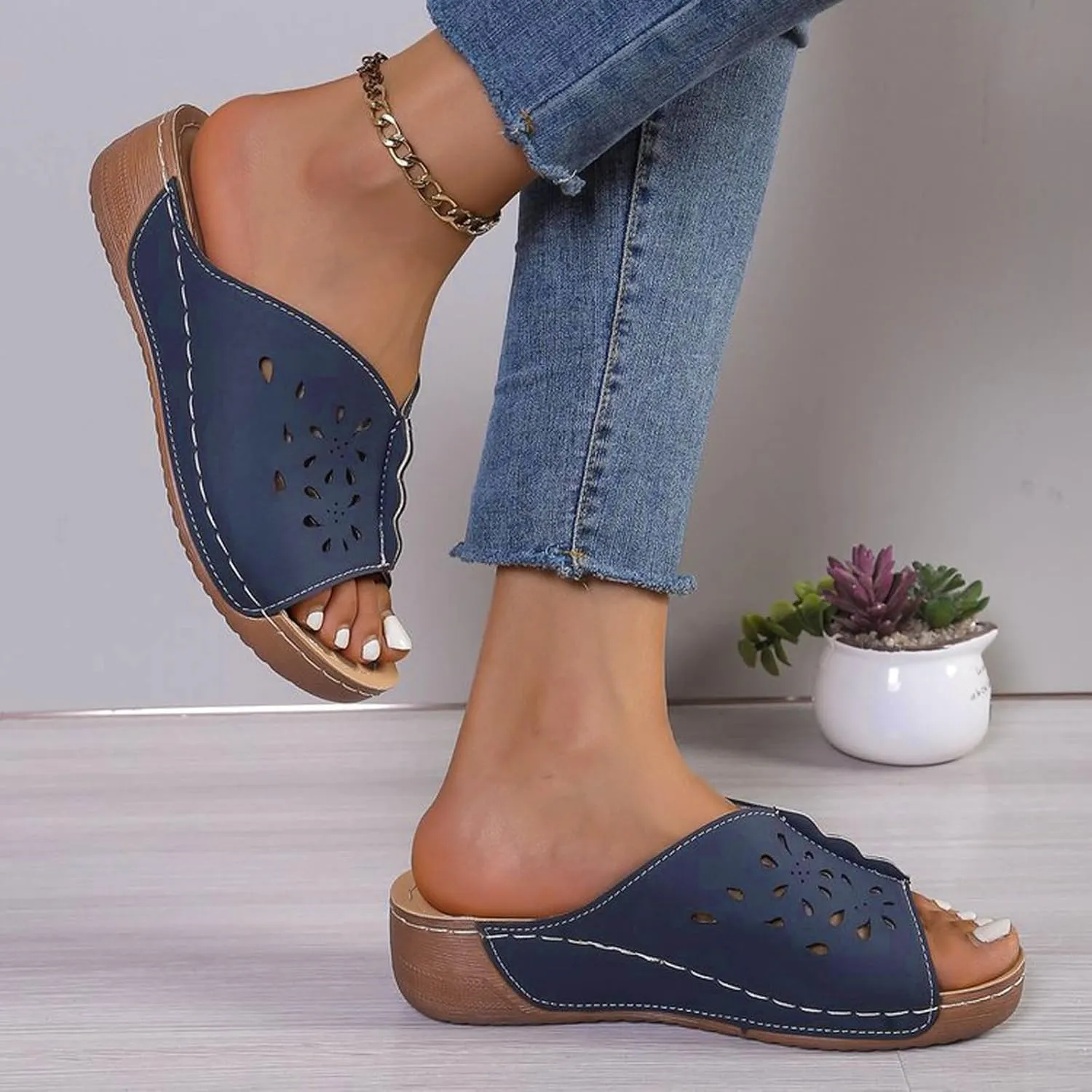 Womens Open Toe Hollow Out Wedge Sandals Dressy Damping Sole Stretch Lightweight Sandals Arch Support Platform Walking Sandal