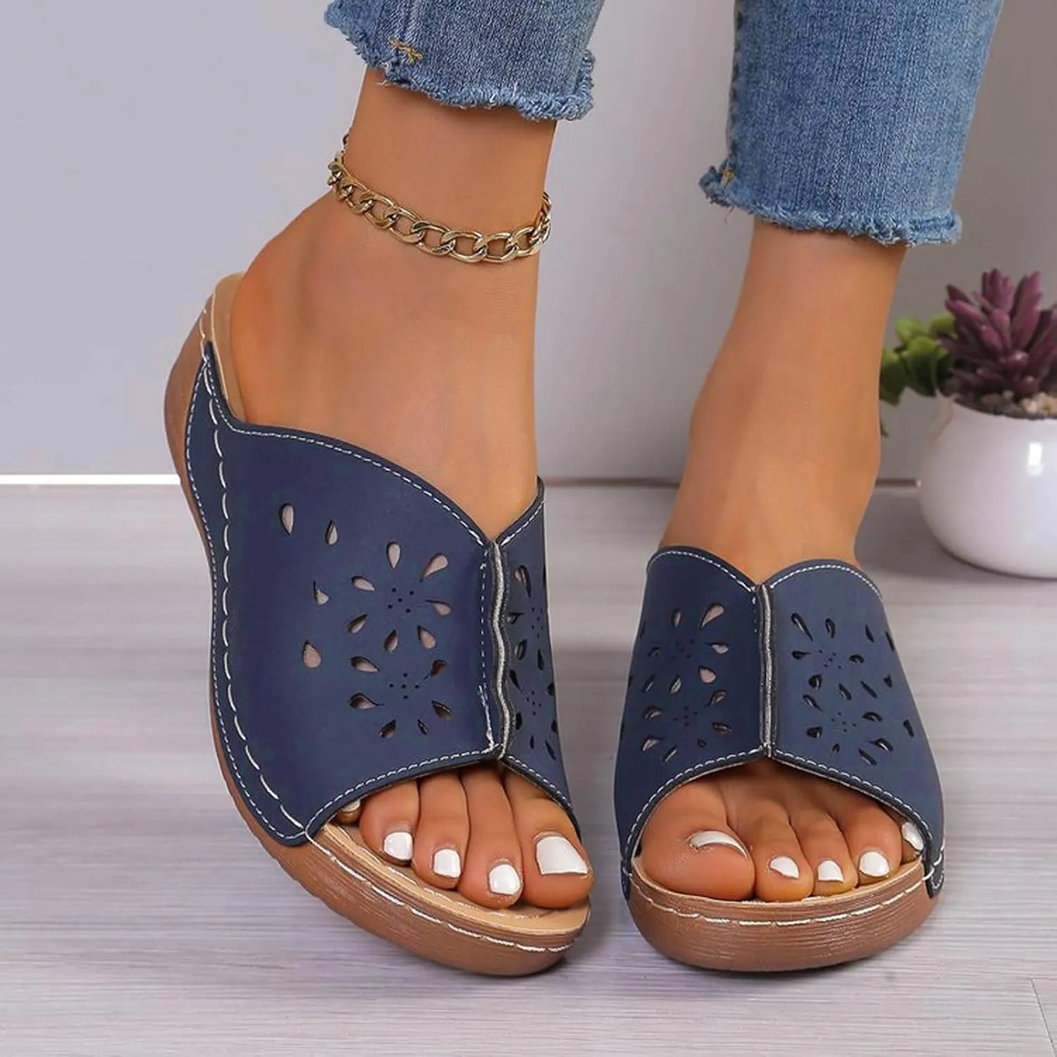 Womens Open Toe Hollow Out Wedge Sandals Dressy Damping Sole Stretch Lightweight Sandals Arch Support Platform Walking Sandal