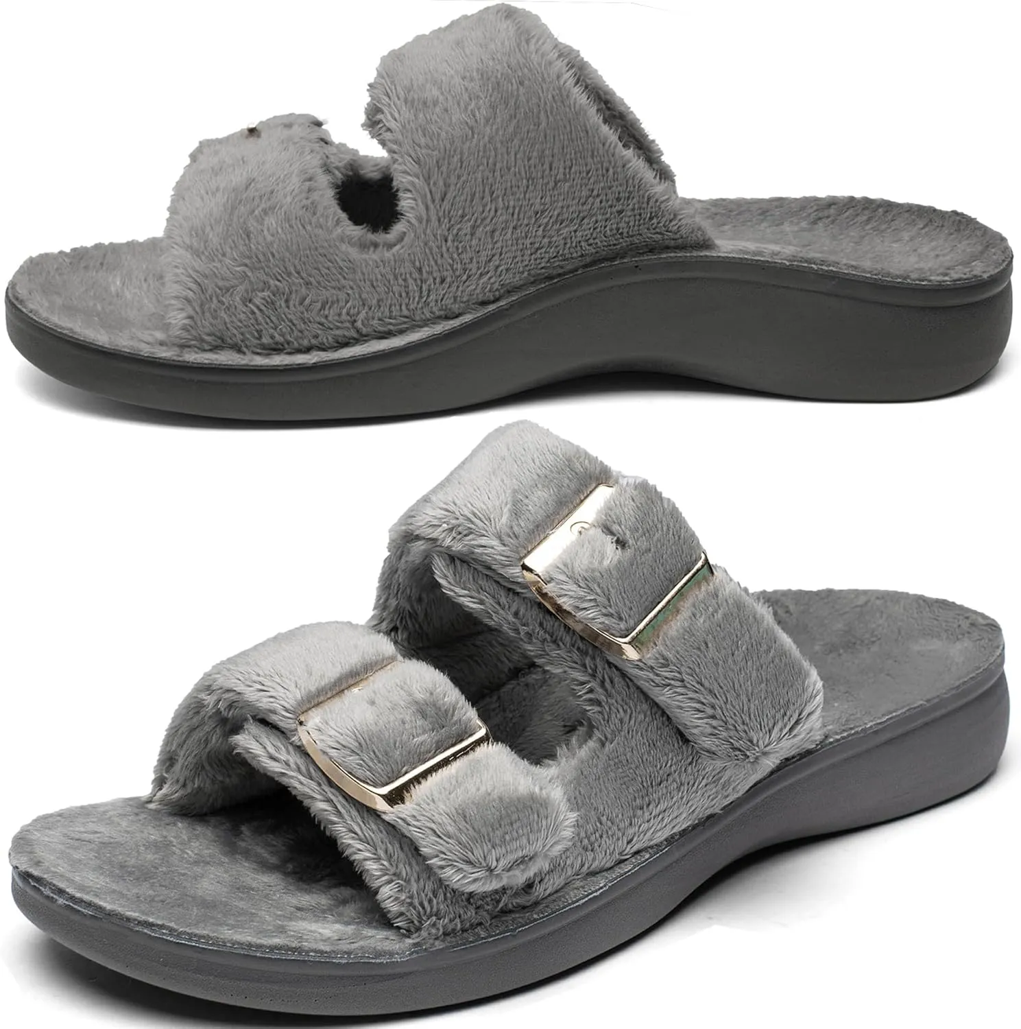 Women's Orthotic Slippers With Arch Support Adjustable Velcro Straps Heel Cup Slides Ultra Comford Cushioned Fuzzy House Slippers