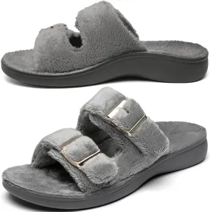 Women's Orthotic Slippers With Arch Support Adjustable Velcro Straps Heel Cup Slides Ultra Comford Cushioned Fuzzy House Slippers