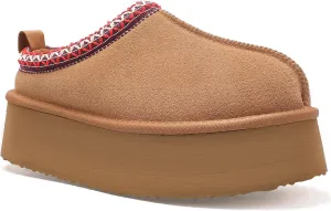 Women's Platform Fuzzy Cozy Slippers Genuine Suede Water Resistant Winter Platform Mini Boots with Memory Foam and Faux Fur Lining Comfy Fuzzy Clogs