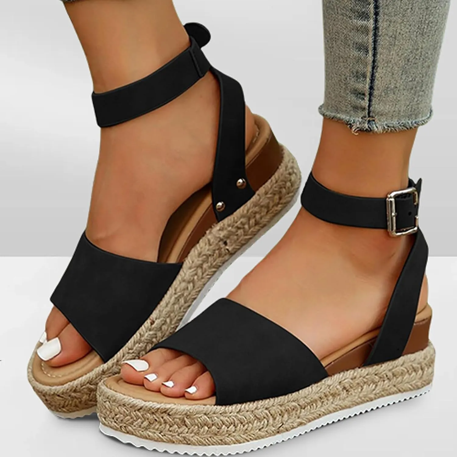 Women's Platform Open Toe Buckle Ankle Strap Sandals Studded Wedge Sandals Comfortable Dressy Summer Comfortable Arch Support Wedge Sandals