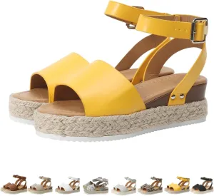 Women's Platform Open Toe Buckle Ankle Strap Sandals Studded Wedge Sandals Comfortable Dressy Summer Comfortable Arch Support Wedge Sandals