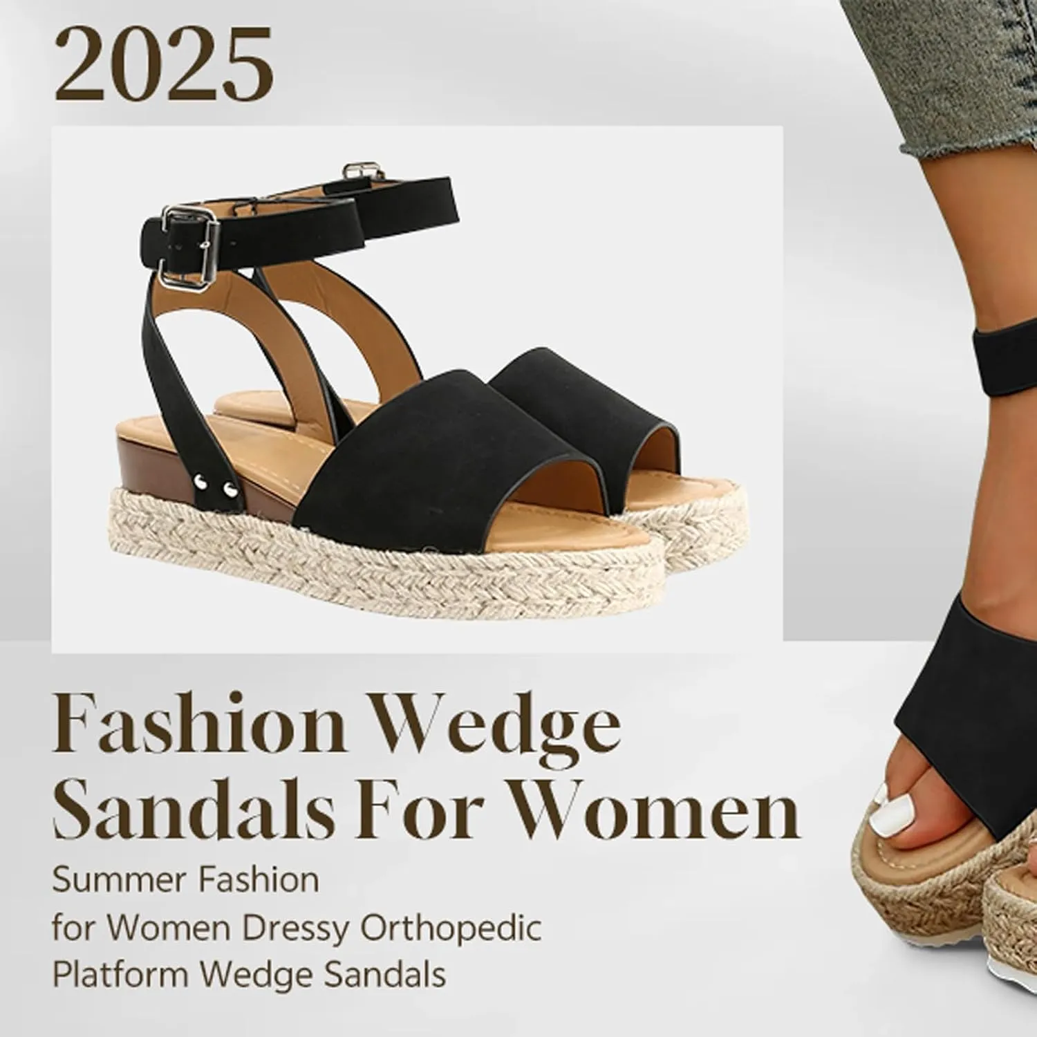 Women's Platform Open Toe Buckle Ankle Strap Sandals Studded Wedge Sandals Comfortable Dressy Summer Comfortable Arch Support Wedge Sandals