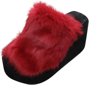 Women's Platforms Wedges Open Toe Slippers Comfy Faux Fur House Slipper Scuff Memory Foam Slip on Anti-Skid Sole