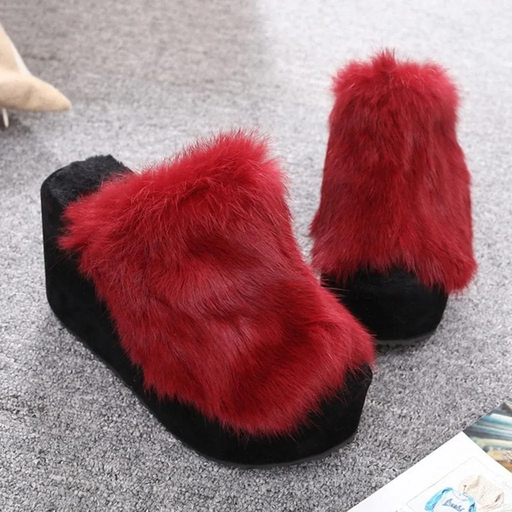 Women's Platforms Wedges Open Toe Slippers Comfy Faux Fur House Slipper Scuff Memory Foam Slip on Anti-Skid Sole