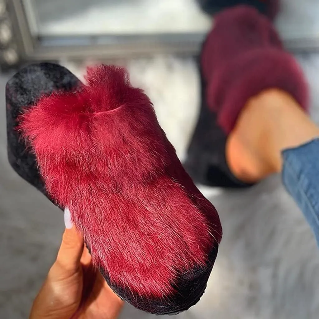 Women's Platforms Wedges Open Toe Slippers Comfy Faux Fur House Slipper Scuff Memory Foam Slip on Anti-Skid Sole