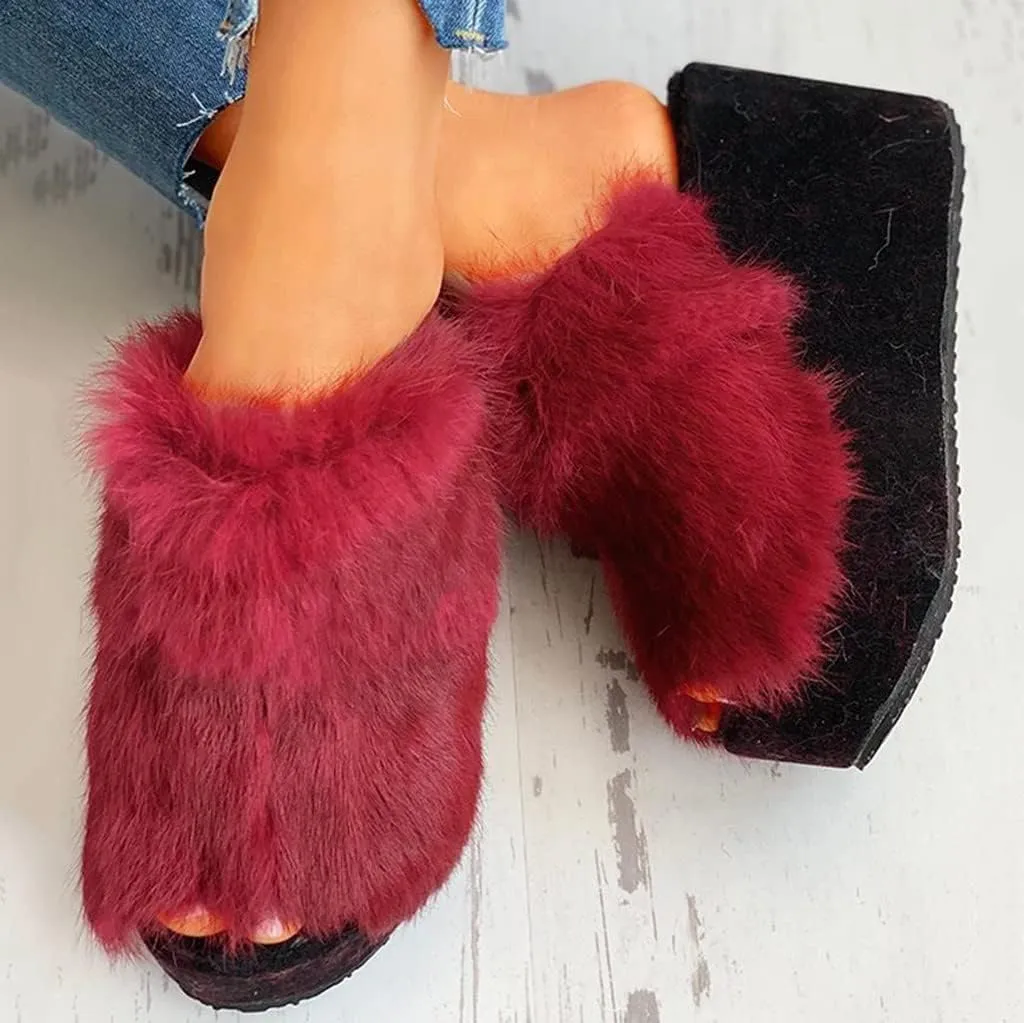Women's Platforms Wedges Open Toe Slippers Comfy Faux Fur House Slipper Scuff Memory Foam Slip on Anti-Skid Sole