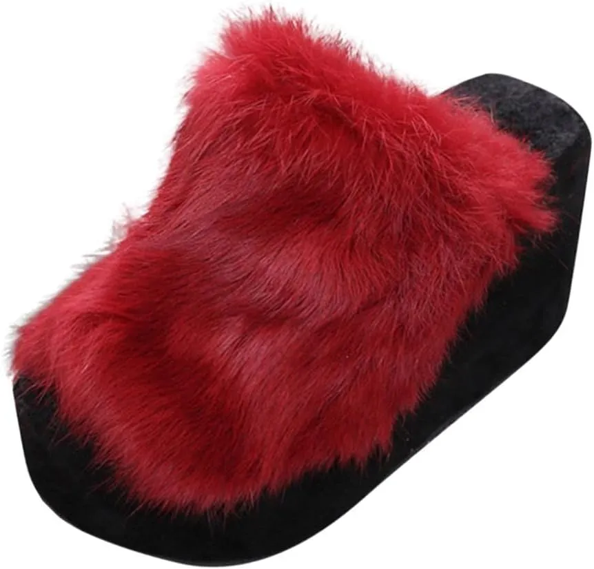 Women's Platforms Wedges Open Toe Slippers Comfy Faux Fur House Slipper Scuff Memory Foam Slip on Anti-Skid Sole