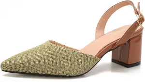 Women's Pointed Closed Toe Low Chunky Block Sandal Pumps Comfortable Woven Slingback Heels with Adjustable Strap for Women Casual Party Office Work Shoes 2.4"