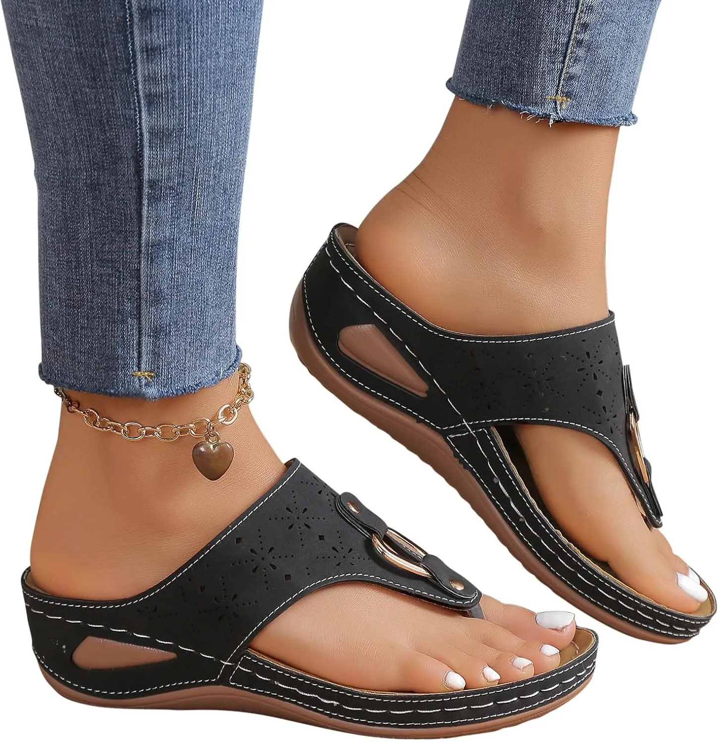 Women's Retro Clip Toe Sandals Height Increasing Hollow Out Slipper Arch Support Cushioned Shoes Platform