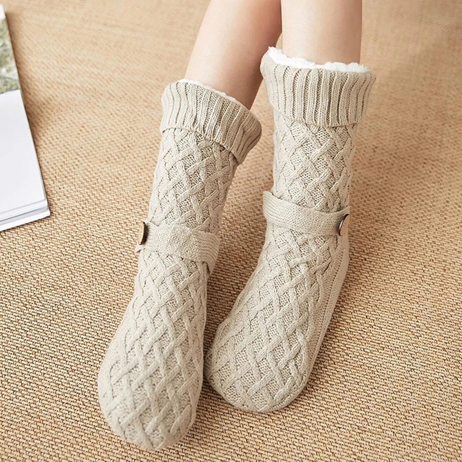 Women's Slipper Socks with Grips Non Slip Soft Fuzzy Cozy Fleece Lined Cable Knit Socks for Cold Winter