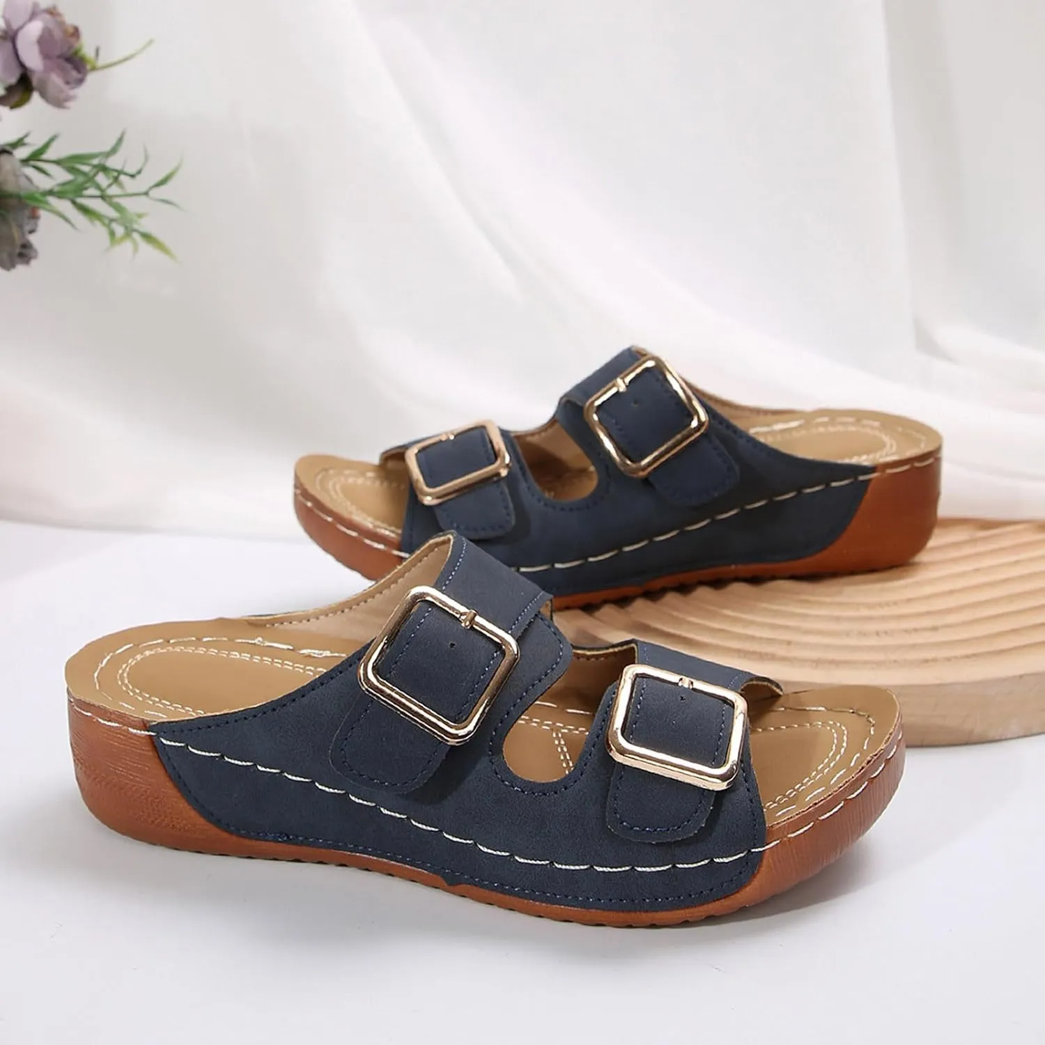 Womens Summer Sandals with Arch Support, Slip on Slides Comfortable Beach Sandal Adjustable Buckle