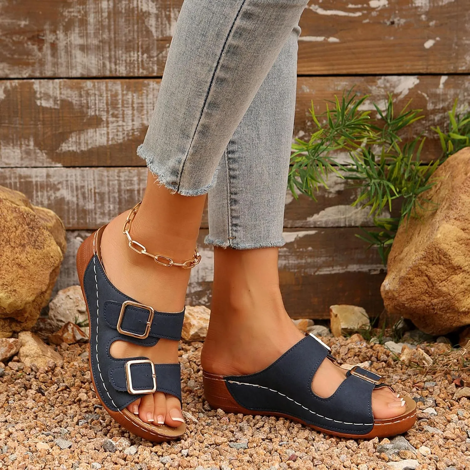 Womens Summer Sandals with Arch Support, Slip on Slides Comfortable Beach Sandal Adjustable Buckle