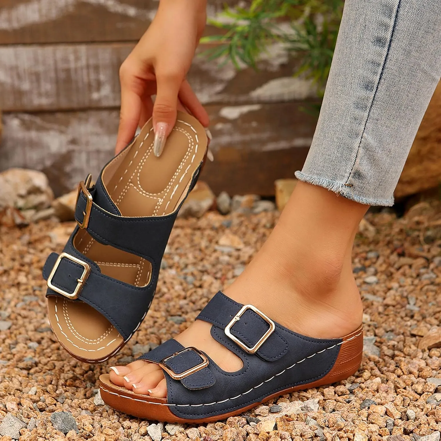 Womens Summer Sandals with Arch Support, Slip on Slides Comfortable Beach Sandal Adjustable Buckle
