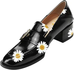 YDN Women Square Toe Heeled Loafers Slip on Block Low Heel Pumps Buckle Fashion Formal Wear Shoes Size 4-15 US