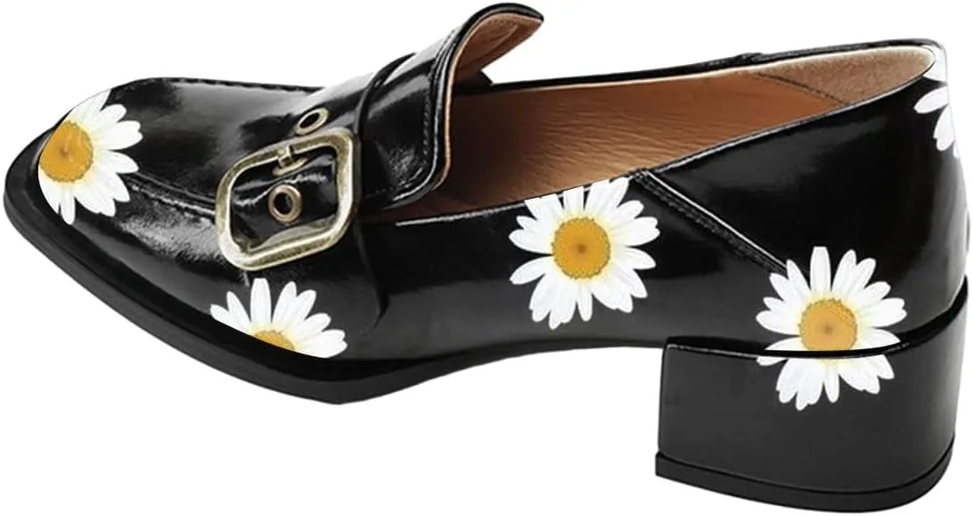 YDN Women Square Toe Heeled Loafers Slip on Block Low Heel Pumps Buckle Fashion Formal Wear Shoes Size 4-15 US