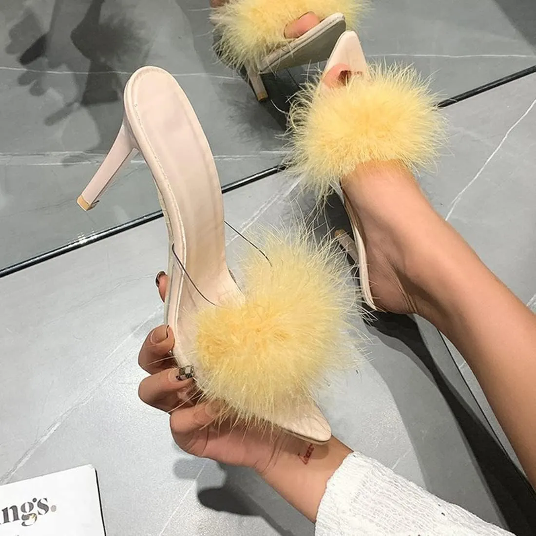 YIBLBOX Women's Fluffy Feather Pointed Toe High Stiletto Toe Wedding Dress Heel Slipper